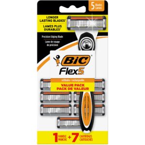 BIC Flex 5 Refillable Men’s Razor, Father’s Day Gift Set with 5 Blade Razors, 1 Handle and 7 Cartridges for Smooth Shaving