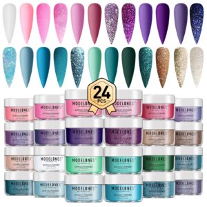 Modelones 24 Colors Acrylic Powder Set> Pink Blue Acrylic Nail Powder>Glitter Green Purple Acrylic Powder> Color Acrylic Powder for Nail Art> French Nails 3D Flowers> No Nail Lamp Needed
