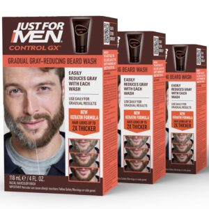 Just For Men Control GX Grey Reducing Beard Wash Shampoo with Keratin, Gradually Colors Mustache and Beard, Leaves Facial Hair Thicker Softer and Fuller, 4 Fl Oz – Pack of 3 (Packaging May Vary)