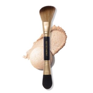 LAURA GELLER NEW YORK Dual-Ended Highlighter Brush – Multipurpose Makeup Brush for Highlighter, Blush, Bronzer and More – Includes Dual-Fiber Vegan Bristles and Satin Paddle for Flawless Application