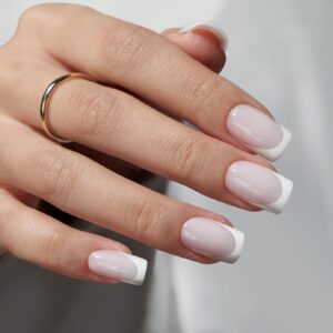 BTArtbox French Tip Press On Nails – White Press On Nails Short Square, 32 Pcs Milky White Soft Gel Nail Tips, Soak Off Fake Nail Extensions For Gift