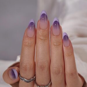 BTArtbox French Tip Press On Nails – Almond Ombre Press On Nails Medium, Glue On Nails with Glitters, Supremely Fit & Natural Reusable Stick On Nails in 15 Sizes, Twilight