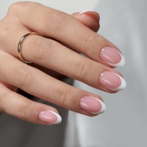 BTArtbox French Tip Press on Nails – Extra Short Almond Press On Nails Pink, Fake Nail with Nail Glue, Natural Reusable 32pcs Fake Nails Kit