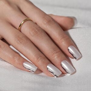 BTArtbox Press On Nails Short – White Press On Nails with 3D Sculpting Metallic Design, Square Fake Nails for Women Gift, Supremely Fit Glue On Nails in 16 Sizes, Chromium