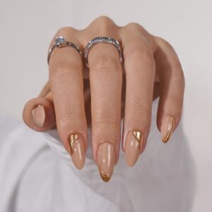 BTArtbox Press On Nails Almond – Glue On Nails Medium with 3D Sculpting Metallic Design, Supremely Fit & Glossy Fake Nails in 15 Sizes, Amber
