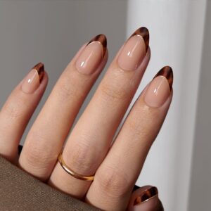 BTArtbox Press On Nails Short Almond – Winter French Tip Press On Nails, Soft Gel Fake Nails Brown, Reusable Glue On Nails with Nail Glue in 16 Sizes, Tortoise Shell