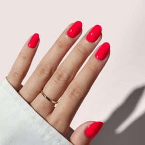 BTArtbox Press On Nails Short – Salmon Pink Press on Nails, Oval Fake Nails with Nail Glue, Reusable Glue On Nails in 16 Sizes Nail Kit, Tomato Tango