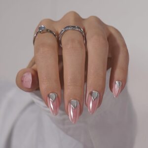BTArtbox Press On Nails Almond – Short Press On Nails with 3D Sculpting Metallic Design, Supremely Fit Glue On Nails Fake Nails in 16 Sizes, Bubble Cake