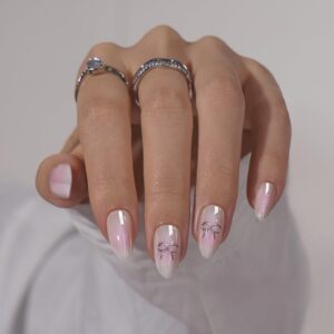 BTArtbox Press On Nails Almond – Short Fake Nails with Ombre Center, Cute Bow Design Fake Nails with Nail Glue in 16 Sizes, Pinkbabi