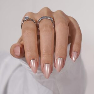 BTArtbox Press On Nails Almond – Short Fake Nails with Silver Foil Design, Resuable Glue On Nails for Women Gift in 16 Sizes, Crescent Moon