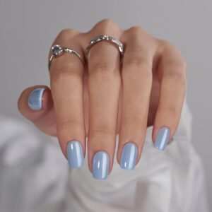 BTArtbox Press On Nails Short – Square Press On Nails, Blue Glossy Nail Tips Glue On Nails with Nail Glue, Reusable Stick On Nails in 15 Sizes – 30 Soft Gel Fake Nails Kit, Ocean Glazed