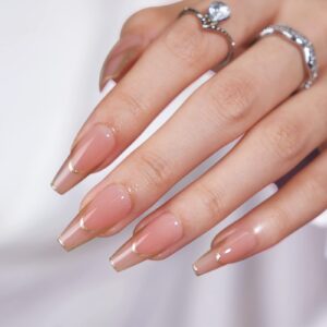 BTArtbox Press on Nails Long – Rose Gold Outline Designed French Tip Press on Nails, Coffin Glue On Nails, Reusable Soft Gel Stick On Nails with Nail Glue in 15 Sizes, Gilded French