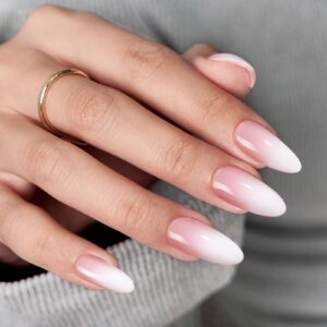 BTArtbox Press On Nails Almond – Medium Press On Nails, Pink White Ombre Soft Gel Nails, Natural Reusable Stick On Nails in 15 Sizes – 30 Fake Nails Kit, Silken Fade
