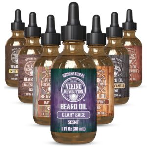 Viking Revolution Beard Oil with Clary Sage for Men – Natural Blend with Argan and Jojoba Oils for Softening, Strengthening, and Moisturizing