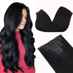 GOO GOO Clip in Hair Extensions Real Human Hair, Remy Human Hair Extensions Clip ins for Women, Natural Human Hair, 24inch 160g 7Pcs, 1 Jet black