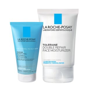 La Roche Posay Toleraine Skin Care Set, Double Repair Face Moisturizer 100ml & Purifying Foaming Facial Cleanser 50ml, Oil Free Moisturizer & Face Wash For Oily Skin, Formulated with Niacinamide