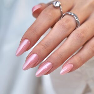 BTArtbox Press On Nails Almond – Soft Gel Press on Nails Pink Chrome Nails, Light Weight & Fit Perfectly, Natural Fake Nail with Nail Glue, Medium Glue On Nails in 15 Sizes – 30 Nail Kit, Lotus Glazed