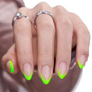 BTArtbox French Tip Press On Nails – Valentines Day Neow Green Press On Nails Short, Almond Stick On Nails, Glue On Nails in 16 Sizes – 30 Pcs Soft Gel Fake Nails Kit, Green French