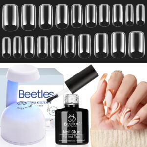 Beetles Easy Nail Extension Set with 500Pcs Gel Nail Tips Medium Square Shape 5 In 1 Nail Glue Base Gel and Innovative Uv Led Lamp Easy Diy Nails Art Home Acrylic False Nail Tips Kit