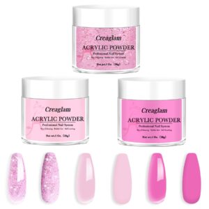 Creaglam Acrylic Powder Large Capacity: 3Pcs 1 Oz. Orchid Glitter Super Nail Polymer for 3D Art Carving French Extension – 28g Pink-a-boo Phlox Pink Professional Acrylic Powder No Need Lamp