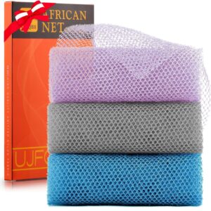 3 Pieces African exfoliating net African Net Long Net Bath Sponge Exfoliating Shower Body Scrubber Back Scrubber Skin Smoother,Great for Daily Use (Purple Gray Blue)