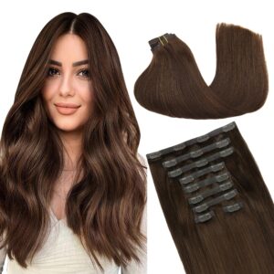 GOO GOO Clip in Hair Extensions Real Human Hair, Remy Human Hair Extensions Clip ins for Women, Natural Human Hair, 14inch 130g 9Pcs, 4A Chocolate Brown