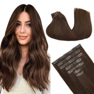 GOO GOO Clip in Hair Extensions Real Human Hair, Remy Human Hair Extensions Clip ins for Women, Natural Human Hair, 24inch 160g 7Pcs, 4A Chocolate Brown