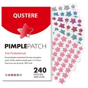QUSTERE Pimple Patches for Face, Hydrocolloid Acne Patches, Sparkling Star Zit Covers, Colorful Spot Stickers with Tea Tree, Salicylic Acid & Cica Oil| 3 Sizes (10mm, 12mm & 14mm) |240 Count