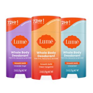Lume Whole Body Deodorant – Smooth Solid Stick – 72 Hour Odor Control – Aluminum Free, Baking Soda Free and Skin Safe – 2.6 Ounce (Pack of 3) (Clean Tangerine, Lavender Sage, Unscented)