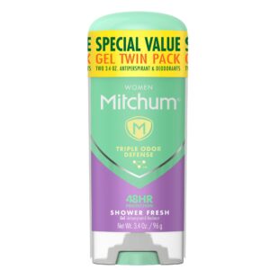 Mitchum Women’s Deodorant, Antiperspirant Stick, Triple Odor Defense Gel, 48 Hr Protection, Shower Fresh, 3.4 Oz (Pack of 2)