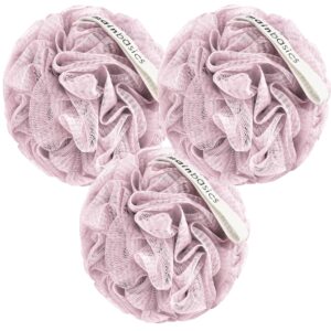 MainBasics Bath Shower Loofah Sponge Pouf Body Scrubber Exfoliator Body Wash Sponge (Set of 3, Perfectly Pink)