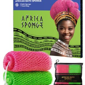 African Net Sponge Authentic – 2 Pieces Exfoliating Body Scrubber Bath Sponge Camellia&Green- Back Scrubber Washcloth for Shower – Real African Scrub Exfoliator Body Care Bathing Accessorie