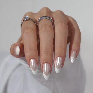 BTArtbox Press On Nails Almond – Christmas Chrome French Tip Press on Nails, White Glue On Nails for Gifts, Natural Reusable Glazed Stick On Nails in 15 Sizes – 30 Fake Nails Kit, White Swan