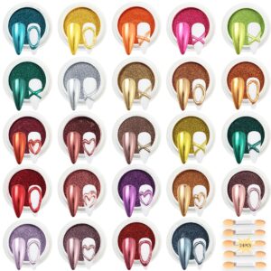 24Pcs Chrome Nail Powder Set – Metallic Mirror Effect Holographic Iridescent Aurora Mermaid Nail Powder Pigment Silver Red Green Gold Nail Chrome Powder for Nails Art Decoration(24 Eye Shadow Sticks)