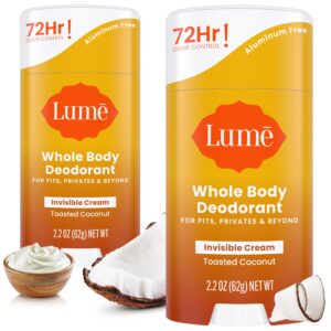 Lume Whole Body Deodorant – Invisible Cream Stick – 72 Hour Odor Control – Aluminum Free, Baking Soda Free, Skin Safe – 2.2 Ounce (Pack of 2) (Toasted Coconut)