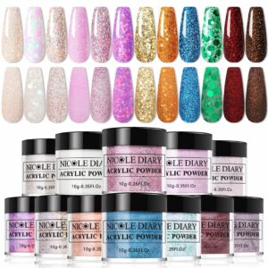 NICOLE DIARY Acrylic Powder System – 12 Colors Glitter Acrylic Nail Powder for 3D Manicure> Nail Extension> French Nails> No Nail Lamp Needed