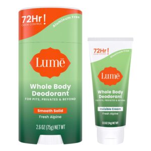 Lume Whole Body Deodorant – Invisible Cream Tube Mini and Solid Stick – 72 Hour Odor Control – Aluminum Free, Baking Soda Free, Skin Safe – 0.5 Oz Mini Tube + 2.6 Oz Solid Stick (Fresh Alpine)