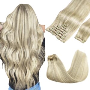 GOO GOO Clip in Hair Extensions Real Human Hair, Remy Human Hair Extensions Clip ins for Women, Natural Human Hair, 14inch 150g 9Pcs, 17A/60A Ash Blonde Highlighted Platinum Blonde
