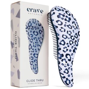 Crave Naturals Glide Thru Hair Brush – Detangler Brush for Curly, Straight, Wet or Dry Hair – Gentle Detangling Brushes for Adults, Kids, Toddlers – Hair Accessories for Women, 7.5″x3″ – Blue Cheetah