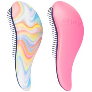 Crave Naturals Glide Thru Detangling Brush for Adults and Kids – Detangler Brush for Curly or Straight, Wet or Dry Hair – Gentle on Tangles Hair Comb – 7.5×3-Inch, Pink and Soft Hazy Swirl (Pack of 2)