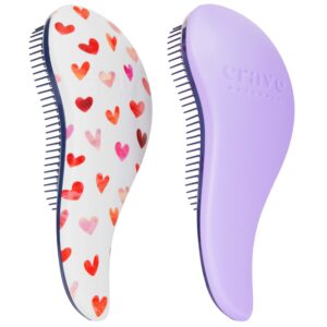 Crave Naturals Glide Thru Detangling Hair Brush for Adults and Kids – Detangler Hairbrush for Curly or Straight, Wet or Dry Hair – Gentle on Tangles Hair Comb – Purple and Pink Hearts (Pack of 2)
