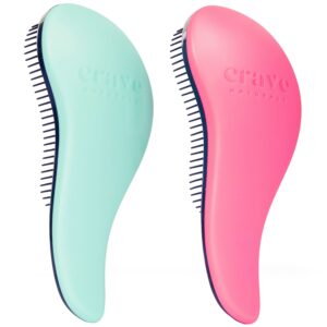 Crave Naturals Glide Thru Detangling Brush – Pack of 2 Detangler Brush for Curly, Straight, Wet and Dry Hair for Adults and Kids – Hair Comb Accessories for Women – Turquoise and Pink