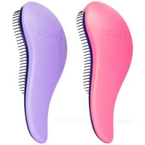 Crave Naturals Glide Thru Detangling Brush for Adults and Kids – Detangler Hair Brush for Curly or Straight, Wet or Dry Hair – Gentle on Tangles Hair Comb – 7.5×3-Inch, Pink and Purple (Pack of 2)