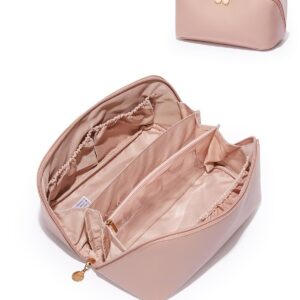 EACHY Travel Makeup Bag, Large Capacity Cosmetic Bags for Women, Waterproof Portable Open Flat Toiletry Bag Make up Bag with Divider and Handle, Gifts for Women (Pink, Large)