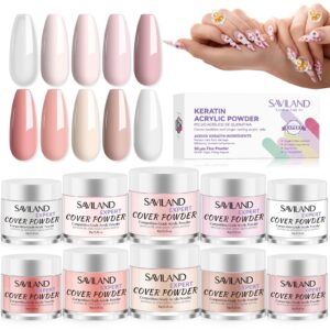 SAVILAND Keratin Acrylic Powder Set: 10 Colors Nude Pink Acrylic Nail Powder 28 Days Long-Lasting Acrylic Powder Set for 3D Nail Art Carving Acrylic Nail Extension Home DIY No U V Lamp Needed Expert