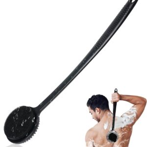 VWMYQ Silicone Back Scrubber for Shower, Silicone Face Scrubber for Men,17in Lengthen Long Handle Body Brush, Double Sided Shower Brush for Shower Exfoliating and Massage, Back Scrubber for Men