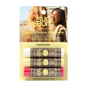 Sun Bum SPF 30 Sunscreen Lip Balm 3 Flavor Variety Pack – Coconut, Banana, Watermelon – Moisturizing Aloe Vera and Vitamin E – Vegan and Cruelty Free – UVA/UVB Lip Protection – 0.15 oz , 3 ct