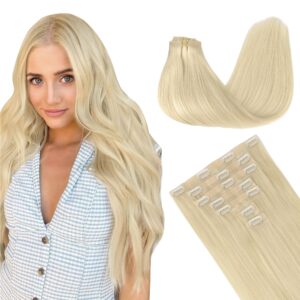GOO GOO Clip in Hair Extensions Real Human Hair, Remy Human Hair Extensions Clip ins for Women, Natural Human Hair, 24inch 160g 7Pcs, 60A Platinum Blonde