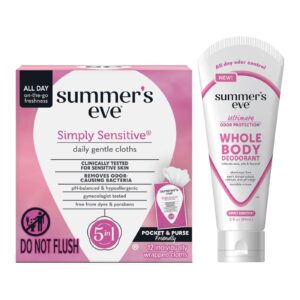 Summer’s Eve, Whole Body Deodorant for Women, Ultimate Odor Control, Aluminum Free Deodorant, 3 Fl Oz + Simply Sensitive Daily Refreshing Feminine Wipes, Removes Odor, pH Balanced, 12 Count