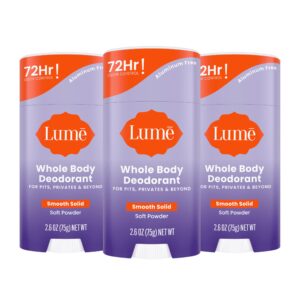 Lume Whole Body Deodorant – Smooth Solid Stick – 72 Hour Odor Control – Aluminum Free, Baking Soda Free and Skin Loving – 2.6 Ounce (Pack of 3) (Soft Powder)